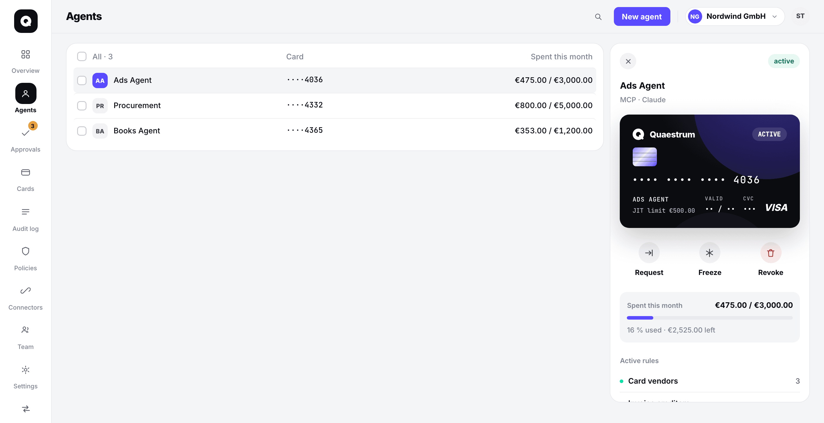Das Quaestrum-Dashboard mit drei Agenten, ihren Karten und Budgets